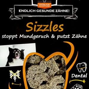 Mustalla taustalla englanninkielistä teksiä, jossa kerrottu Dental sizzles ohuen juustoherkun ominaisuuksista. Tarkoitettu koirien hammashoidon tueksi.