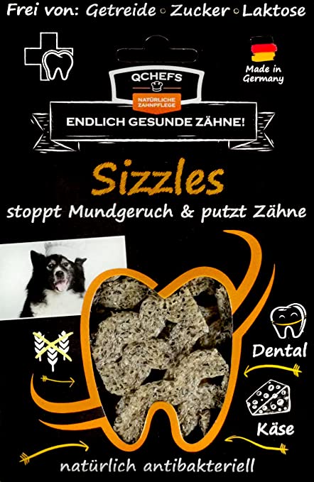 Mustalla taustalla englanninkielistä teksiä, jossa kerrottu Dental sizzles ohuen juustoherkun ominaisuuksista. Tarkoitettu koirien hammashoidon tueksi.
